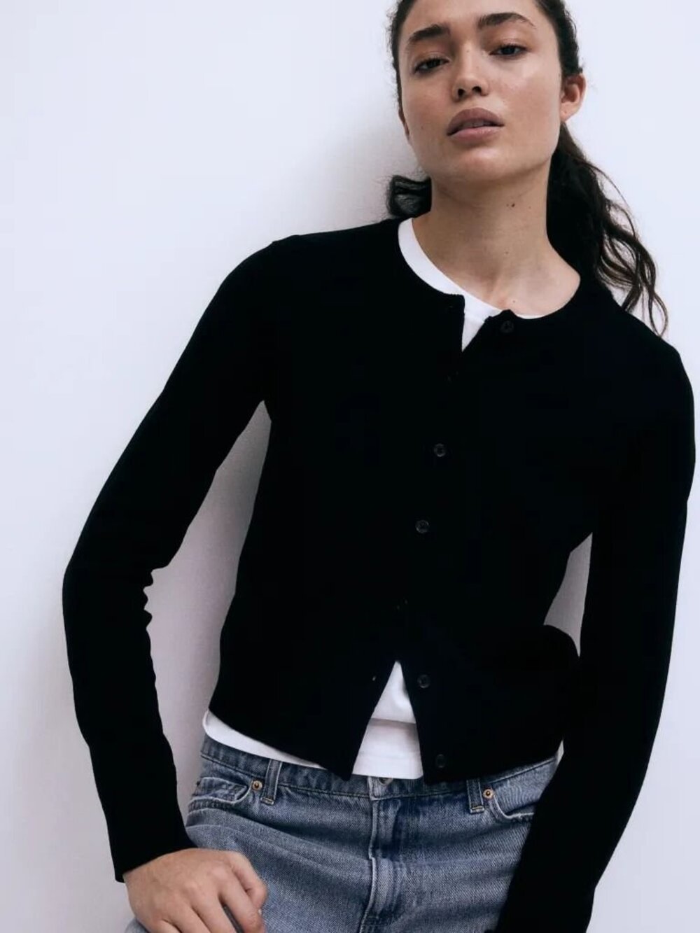 NEW H&M Black Crewneck Button-Front Women's Cardigan, Black